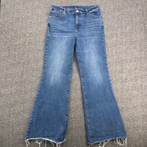 Express 70s Flare High Rise Lexx Hyper Stretch Raw Hem Jeans Medium Wash 12